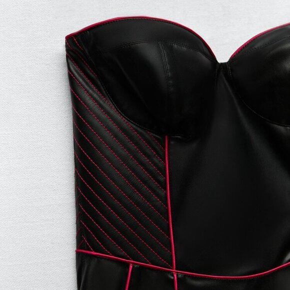 NEW Zara Women's FAUX LEATHER DRESS Black/Neon Pink - Picture 7 of 9